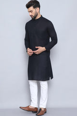 Men's Black Cotton Solid Long Kurta