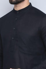 Men's Black Cotton Solid Long Kurta