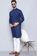 Men's Blue Cotton Solid Long Kurta