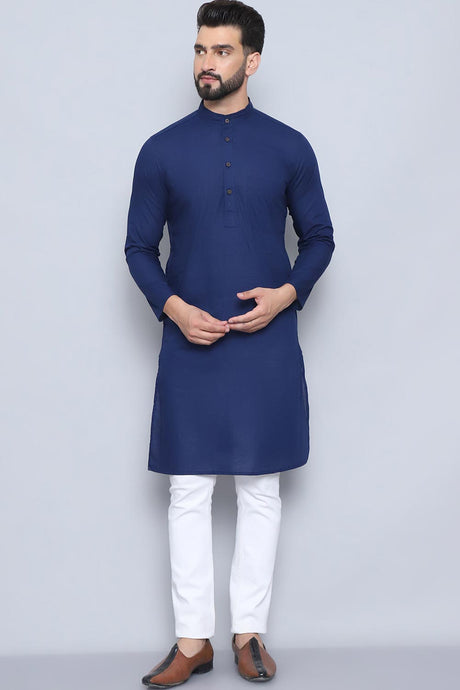 Men's Blue Cotton Solid Long Kurta