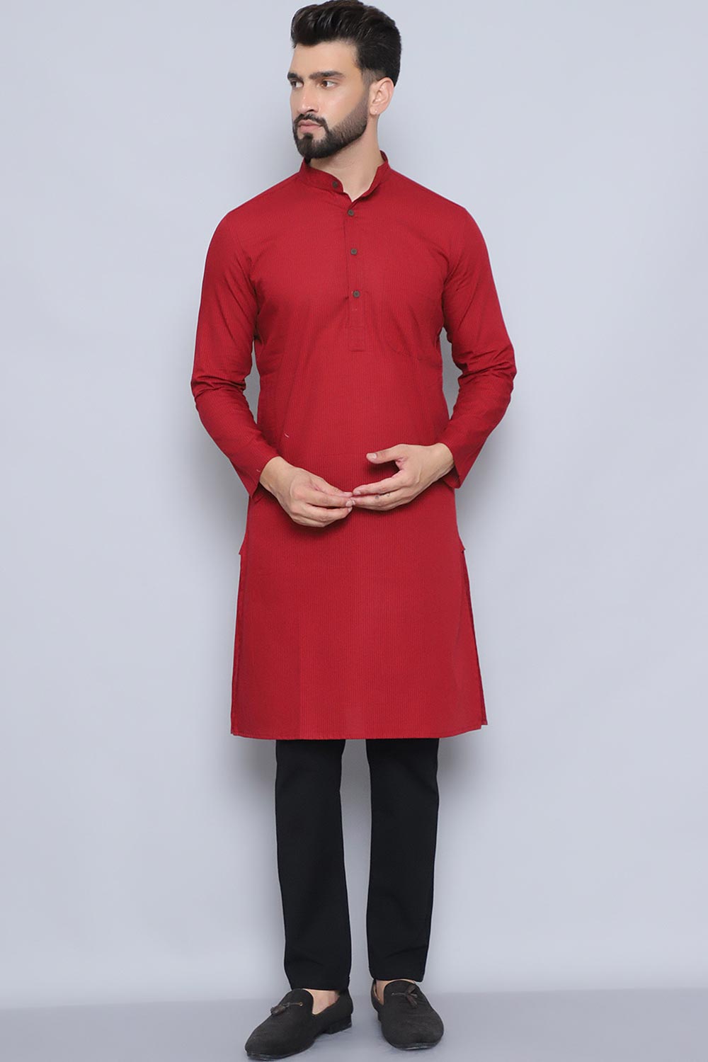 Men's Maroon Cotton Solid Long Kurta