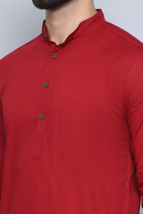 Men's Maroon Cotton Solid Long Kurta