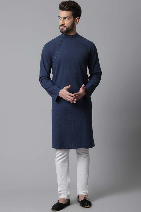 Men's Blue Cotton Stripes Long Kurta