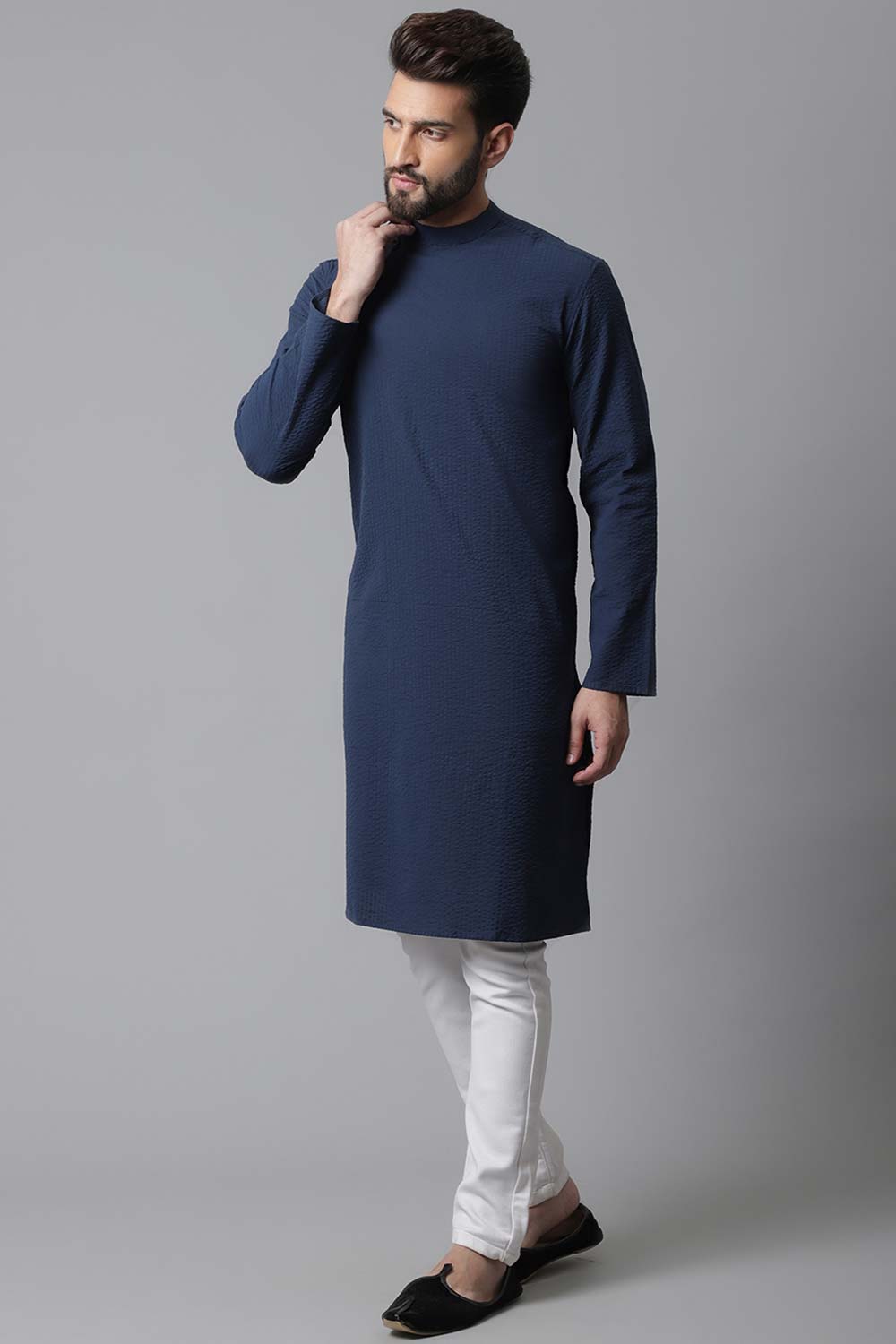 Men's Blue Cotton Stripes Long Kurta