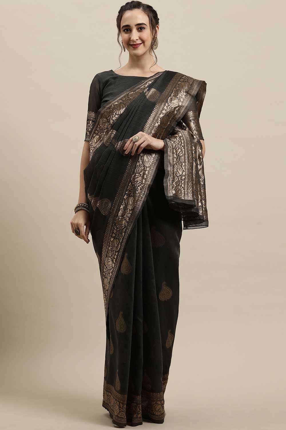 Linen print-floral Woven Saree In Grey