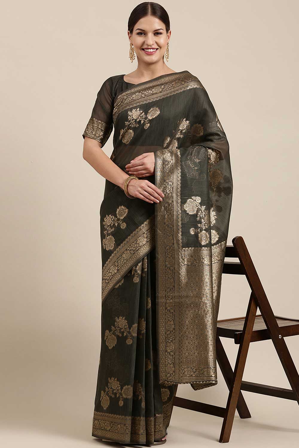 Blended Linen print-floral Saree In Charcoal Grey