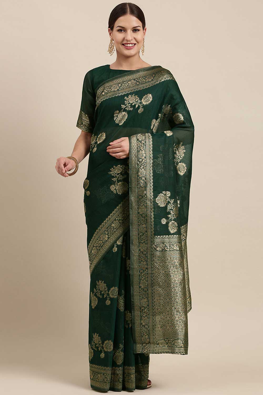 Blended Linen print-floral Saree In Teal Blue