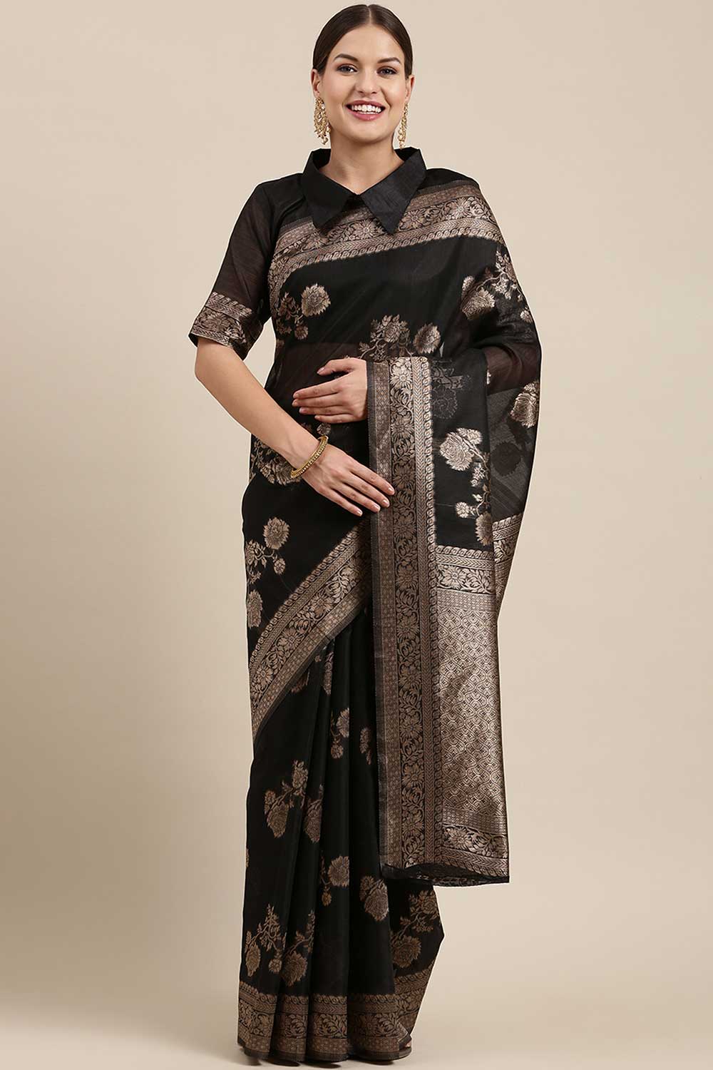 Blended Linen print-floral Saree In Black