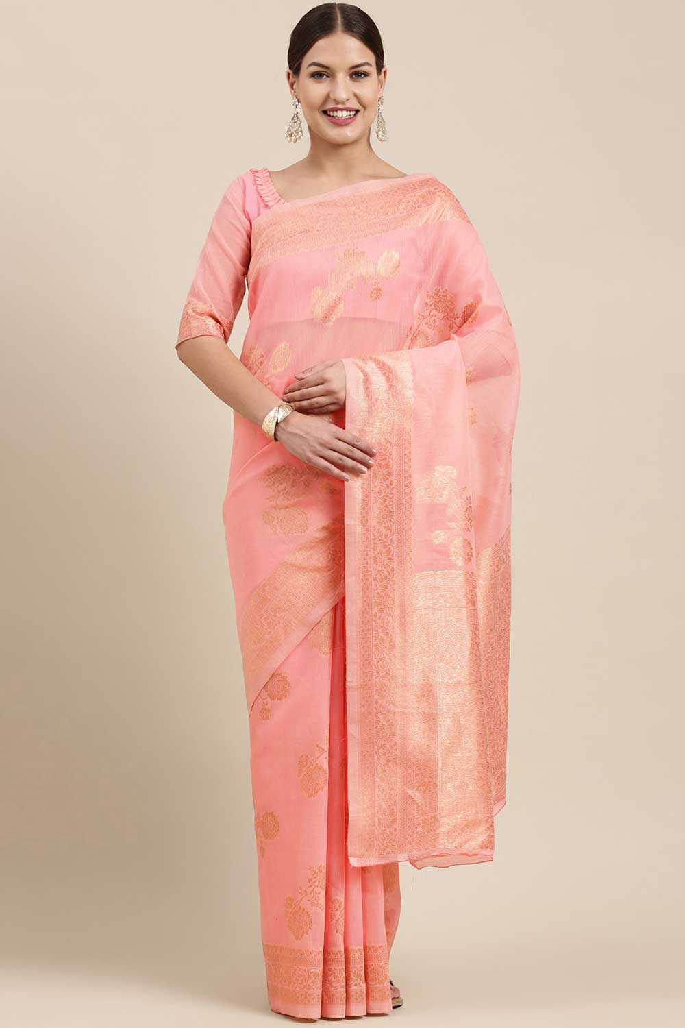 Blended Linen print-floral Woven Saree In Pink