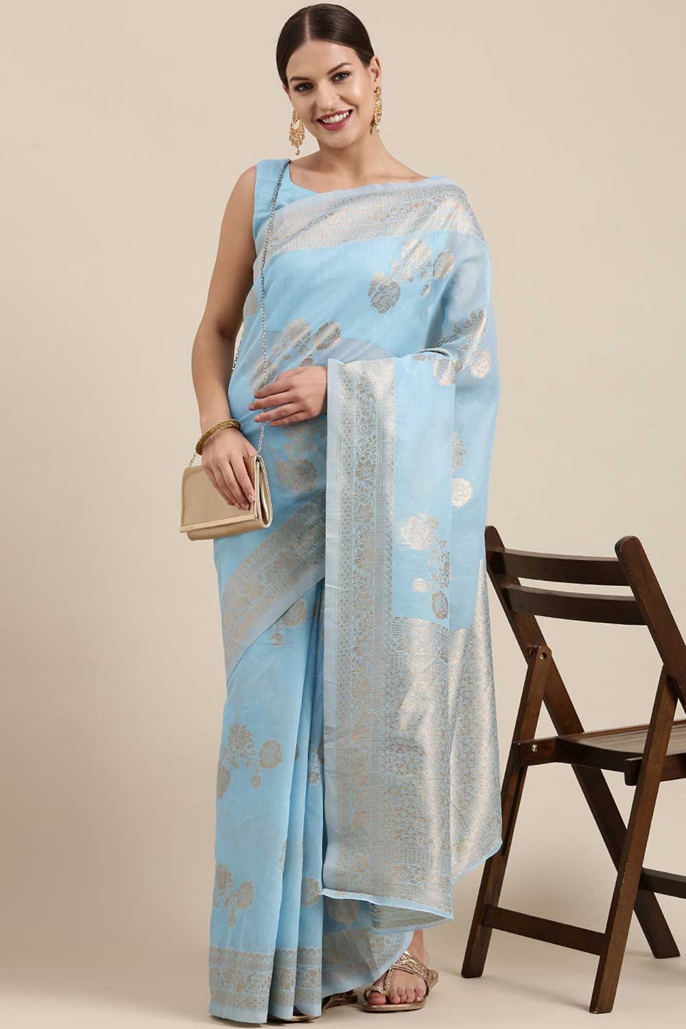 Blended Linen print-floral Woven Saree In Turquoise