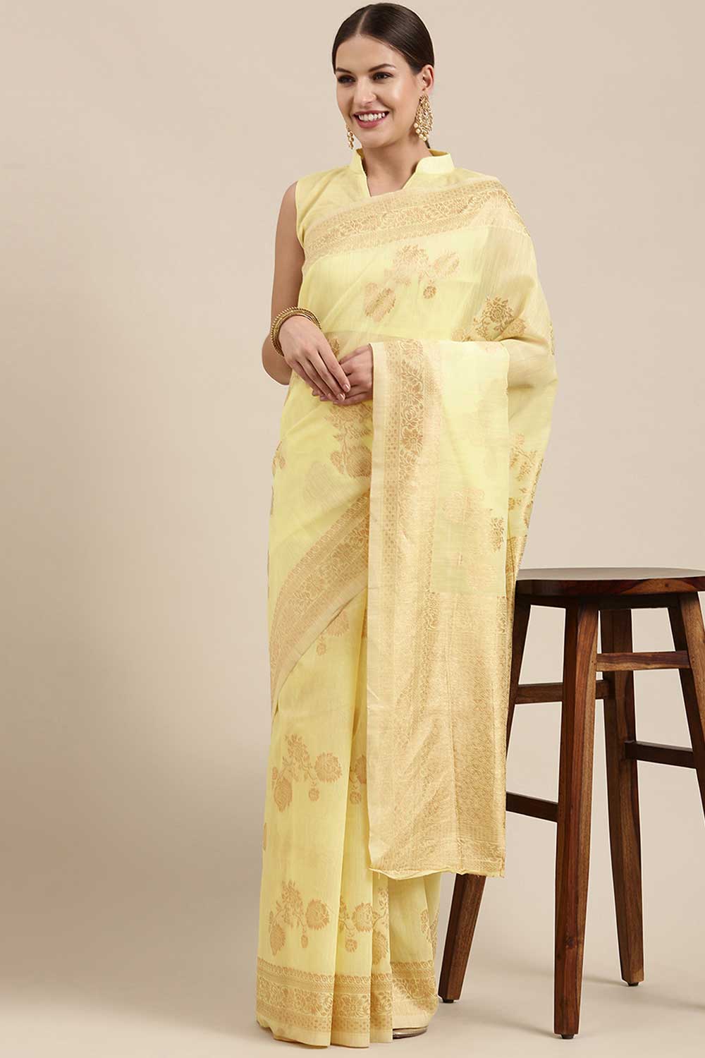 Blended Linen print-floral Woven Saree In Lemon Yellow