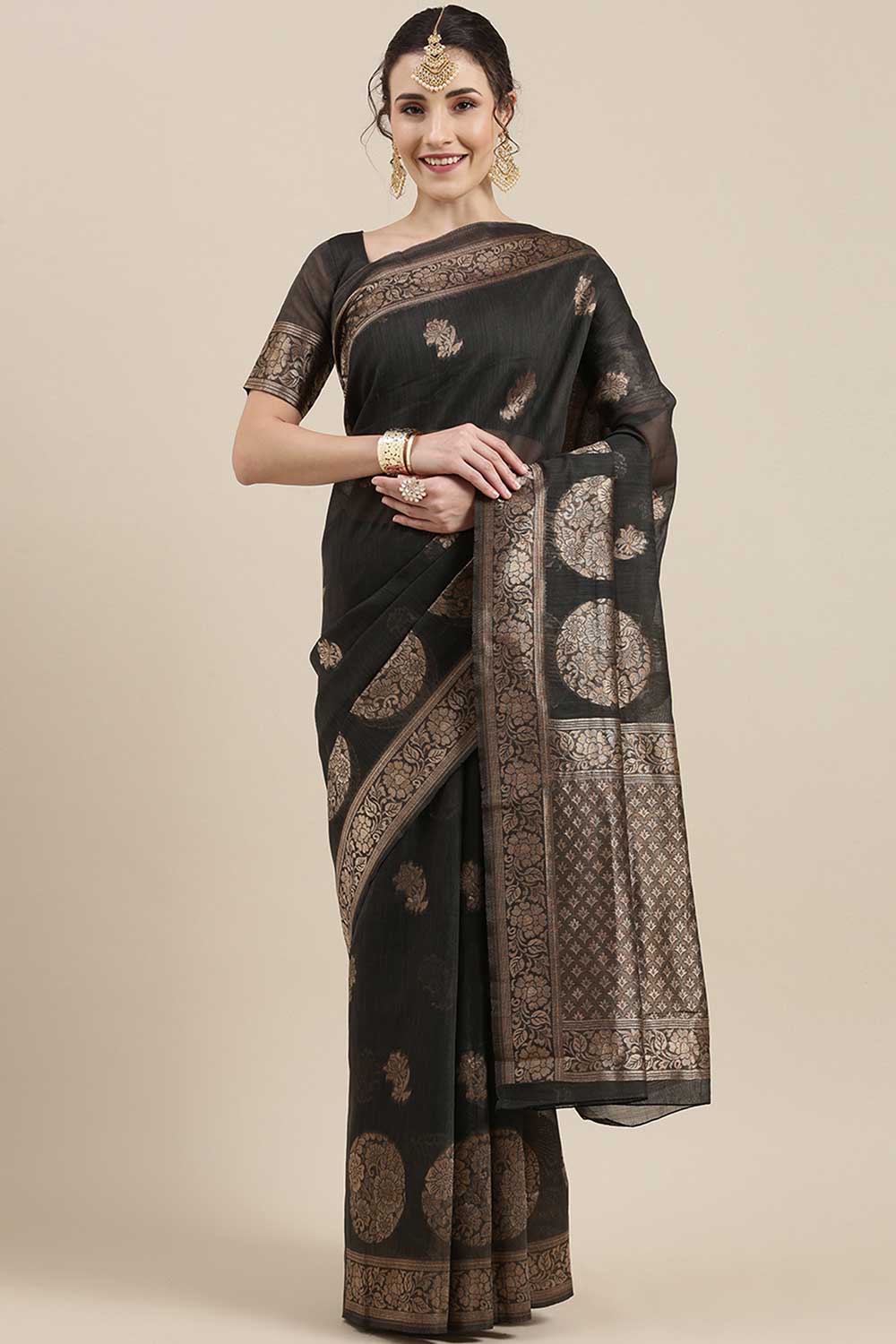 Linen print-floral Woven Saree In Grey