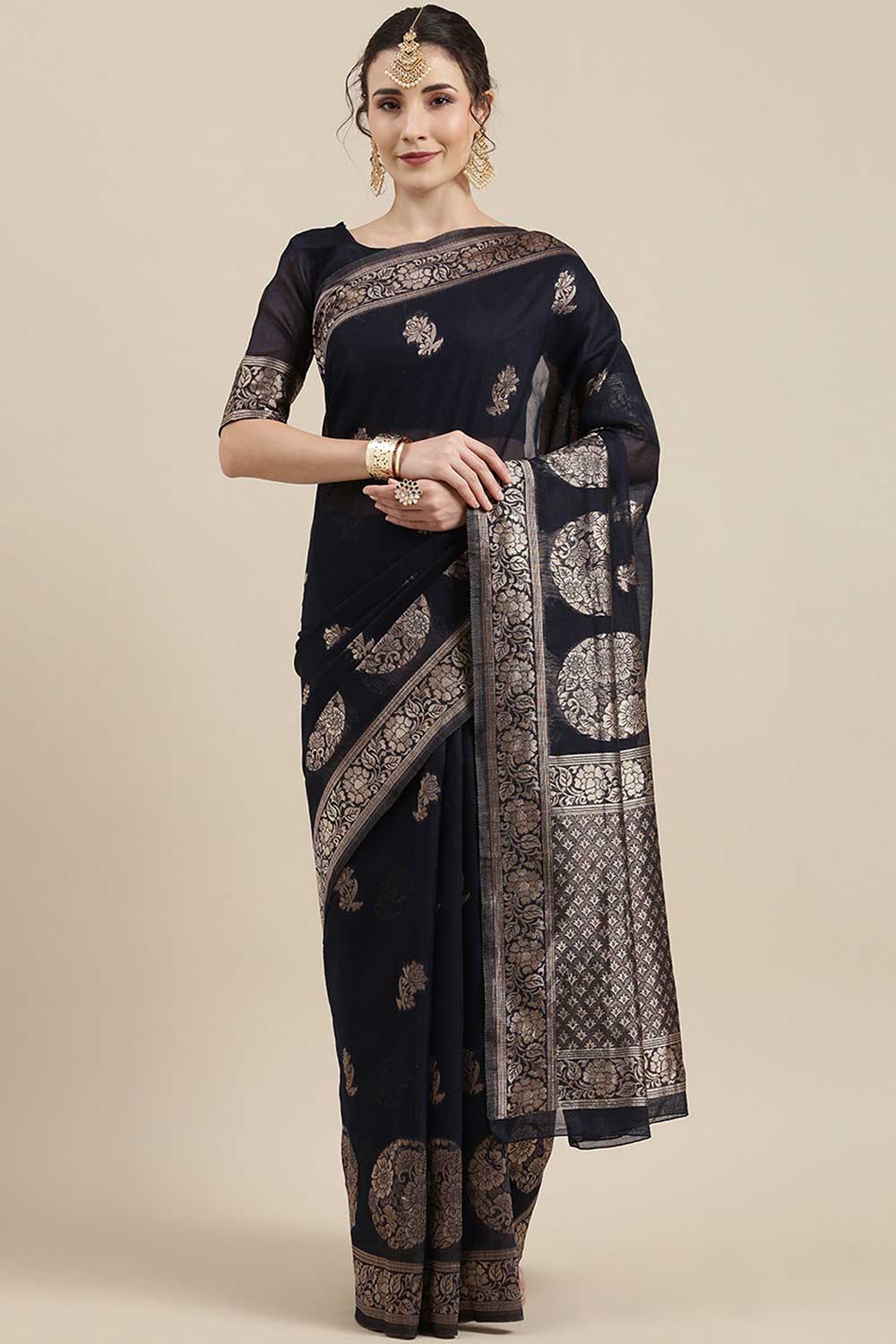 Linen print-floral Woven Saree In Navy Blue