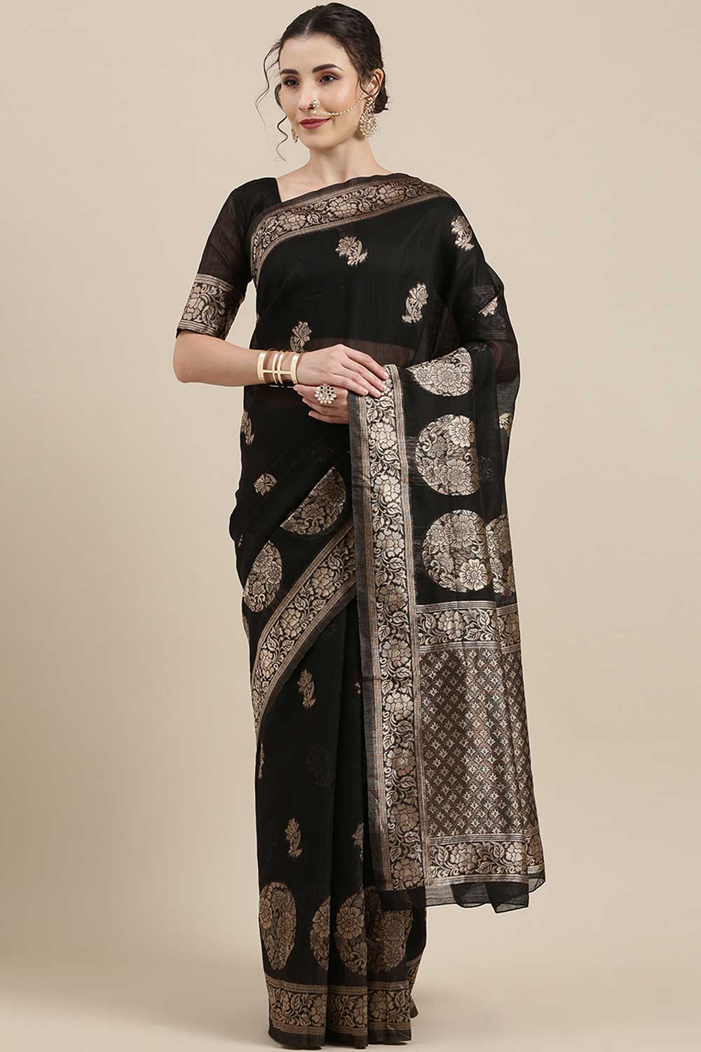 Linen print-floral Woven Saree In Black