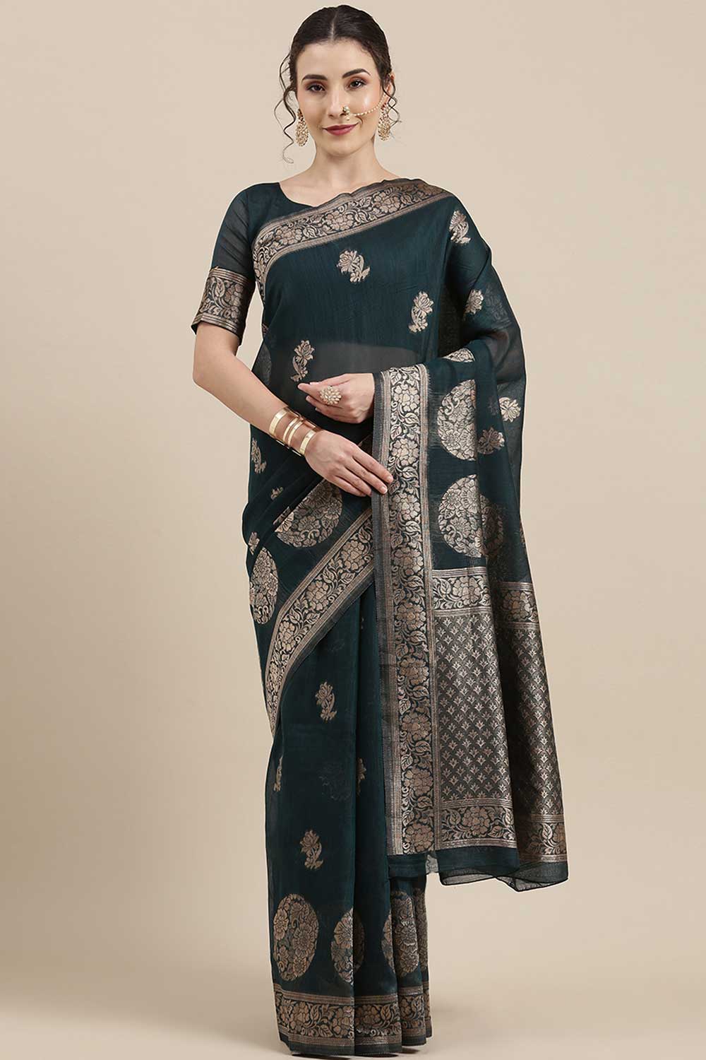 Linen print-floral Woven Saree In Teal Green