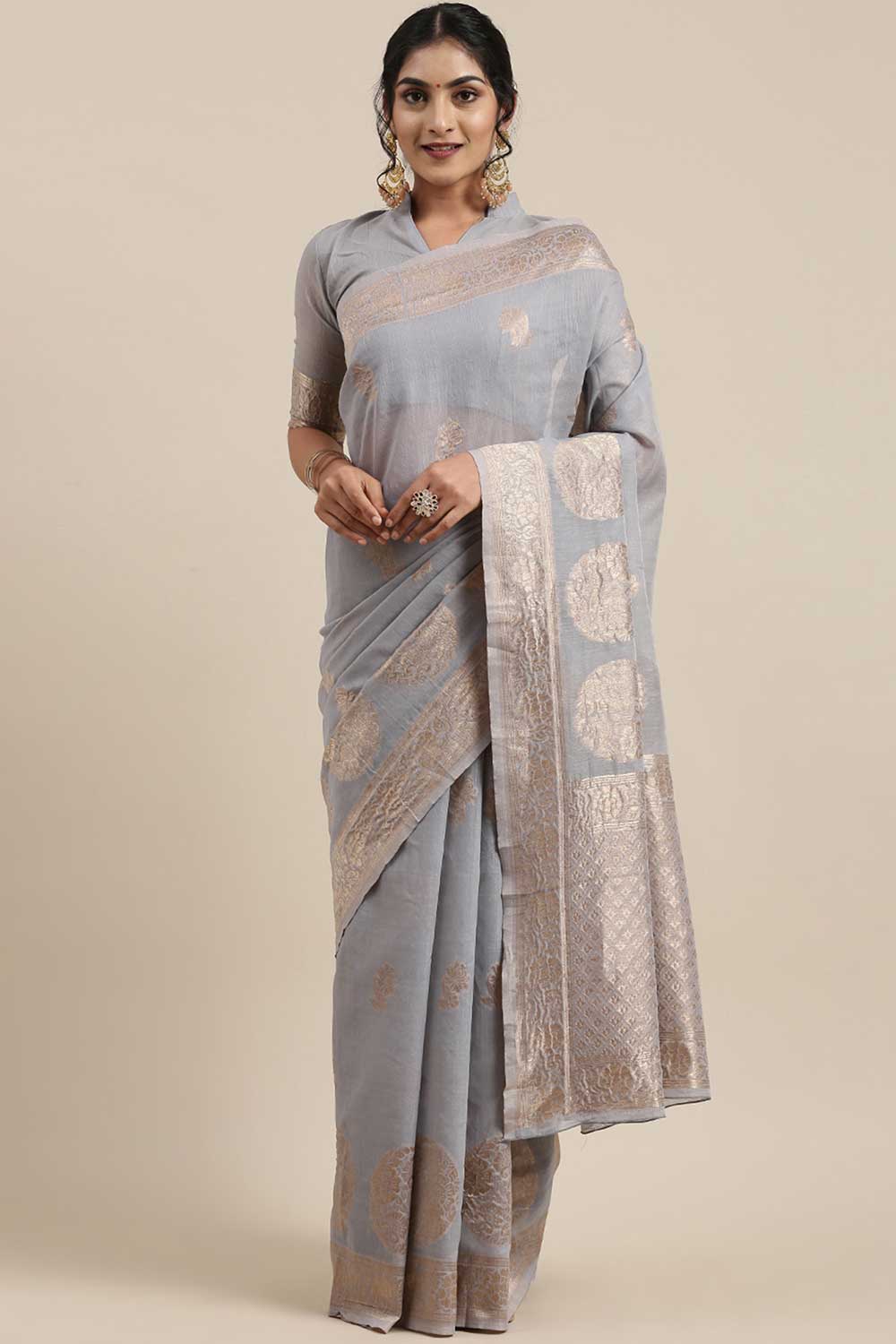 Linen print-floral Woven Saree In Grey