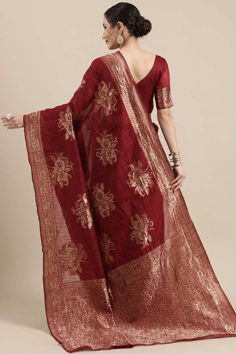 Nabela Burgundy Floral Woven Linen Ready To Wear Saree