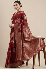 Nabela Burgundy Floral Woven Linen Ready To Wear Saree