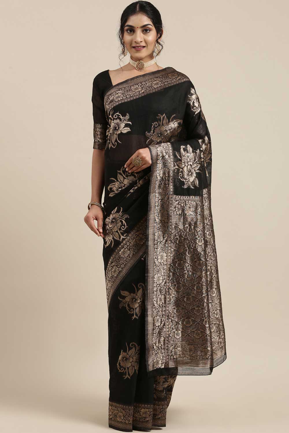 Linen print-floral Woven Saree In Black