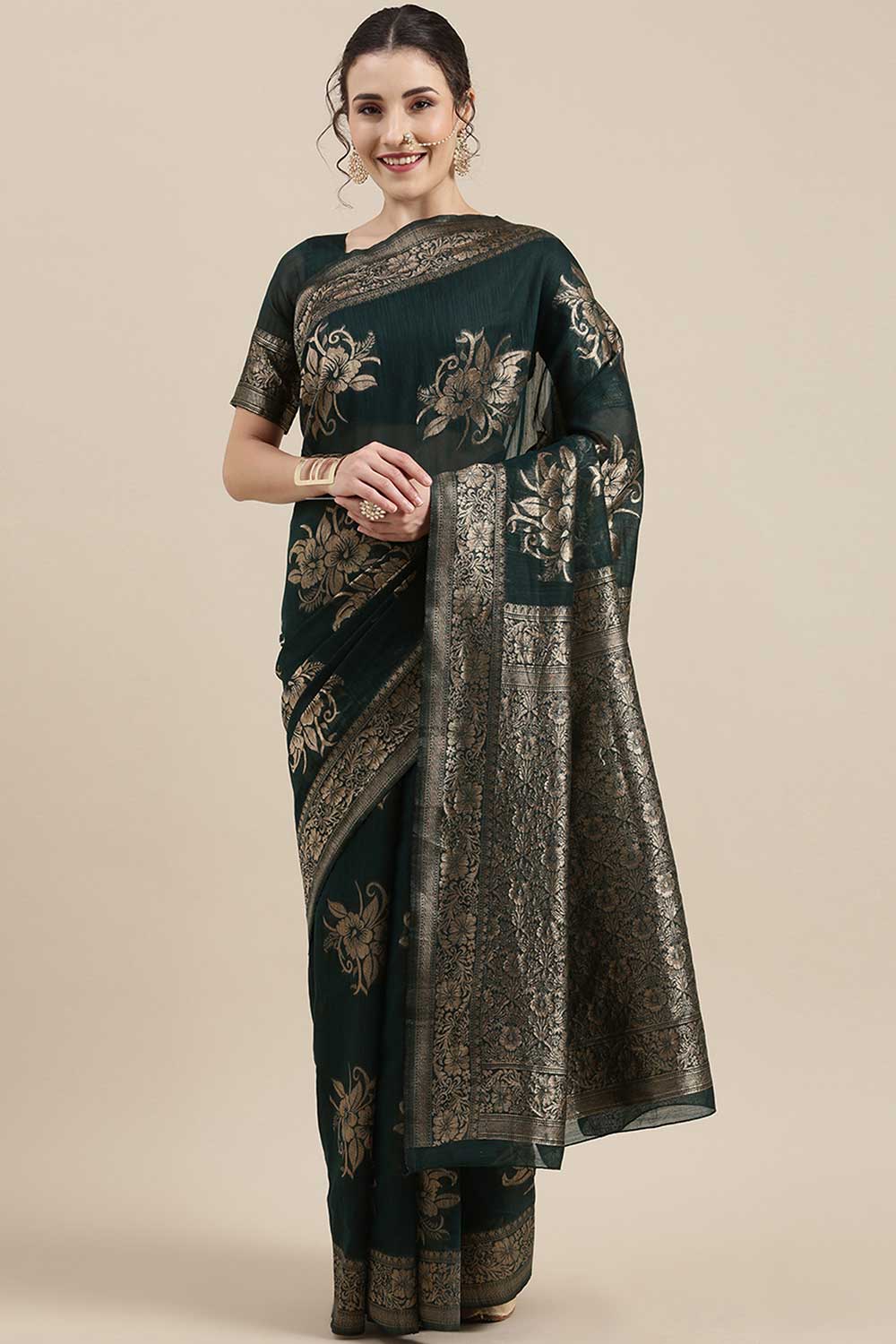 Linen print-floral Woven Saree In Teal Green