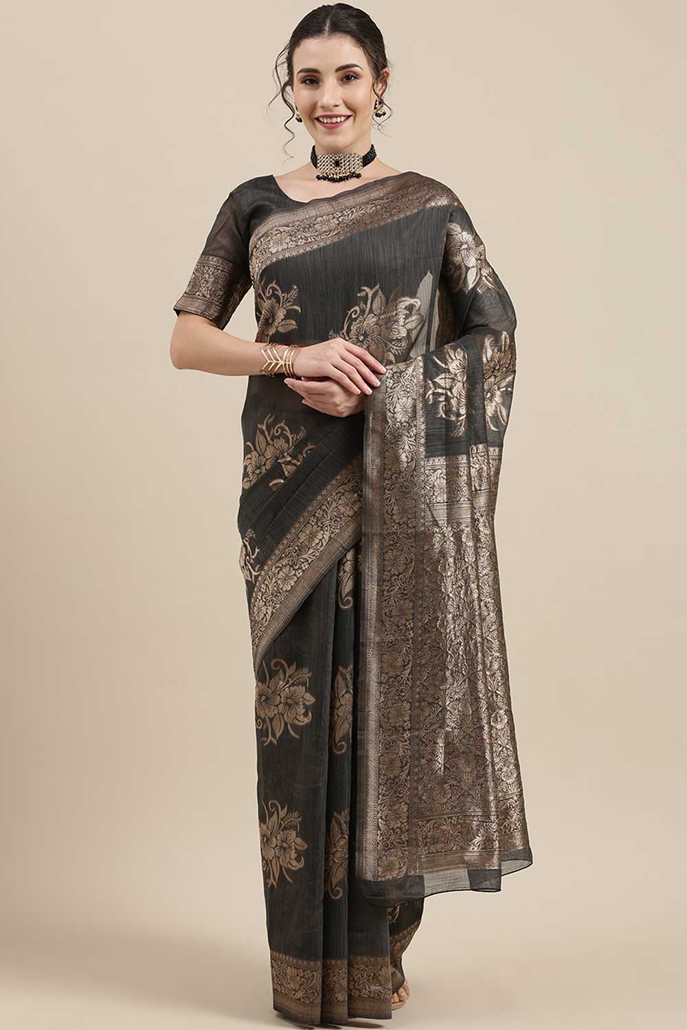 Linen print-floral Woven Saree In Grey