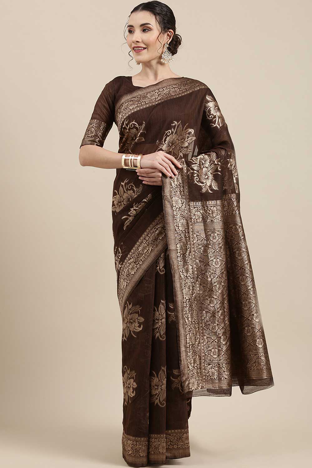 Linen print-floral Woven Saree In Brown