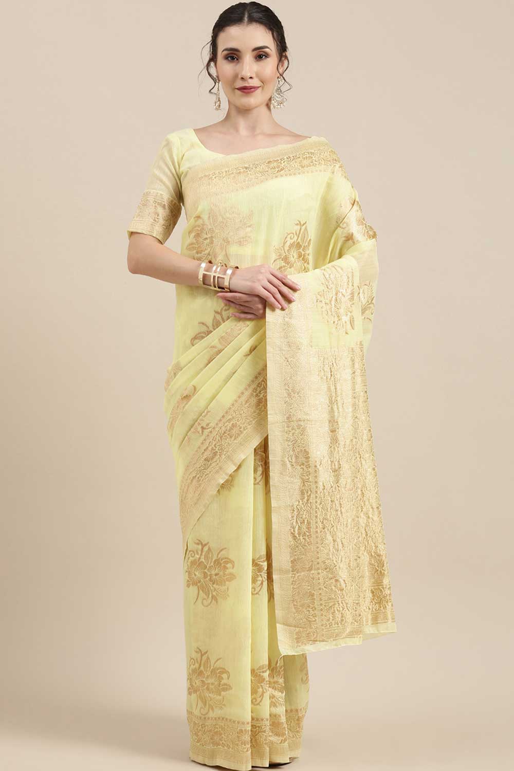 Linen print-floral Woven Saree In Yellow