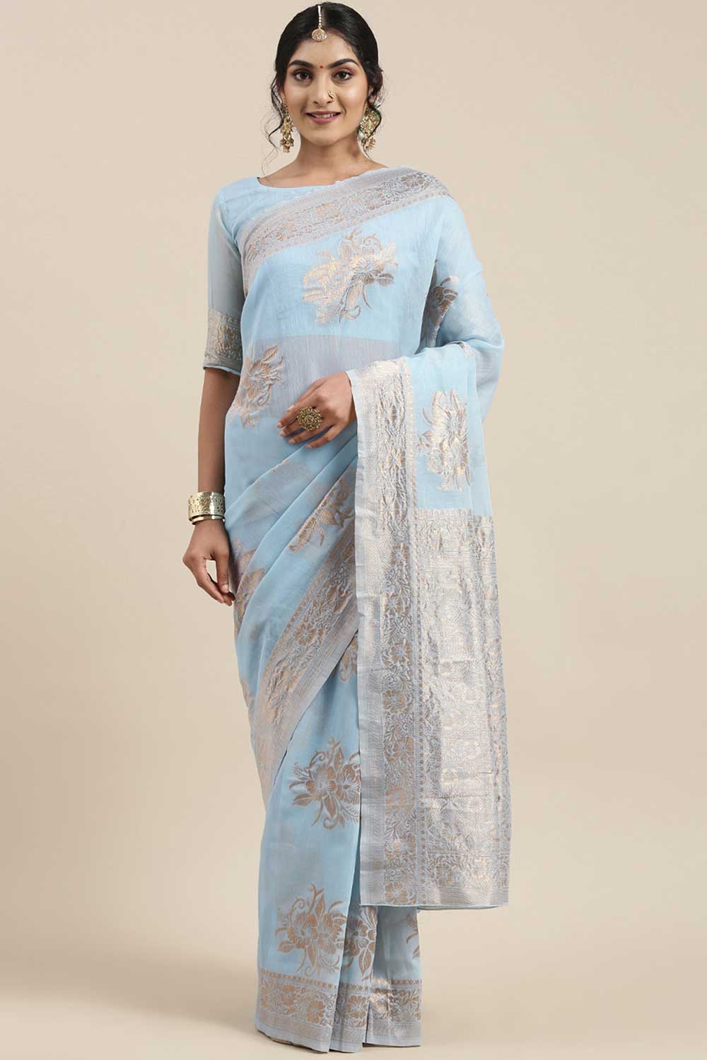 Linen print-floral Woven Saree In Turquoise