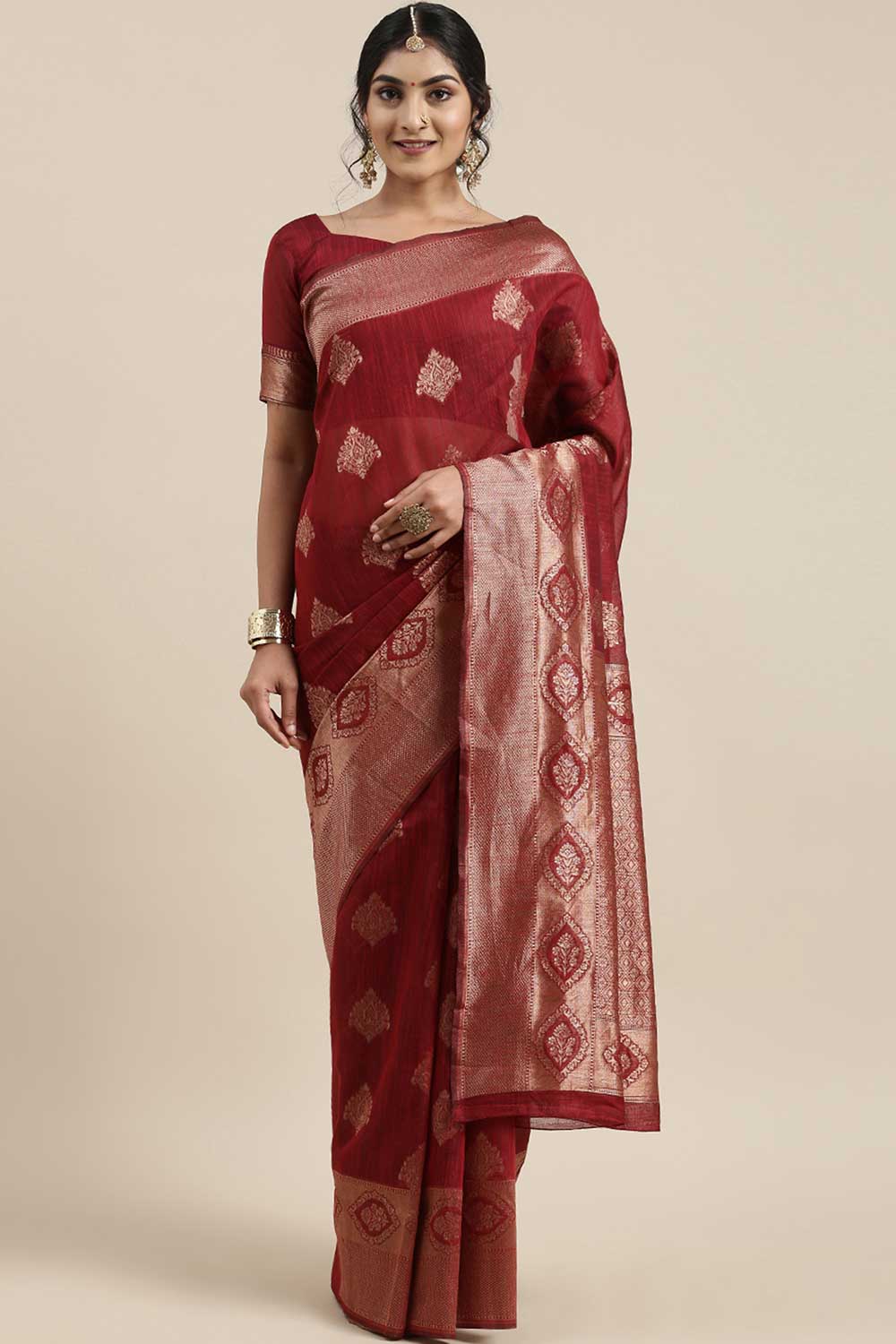 Linen print-floral Woven Saree In Maroon