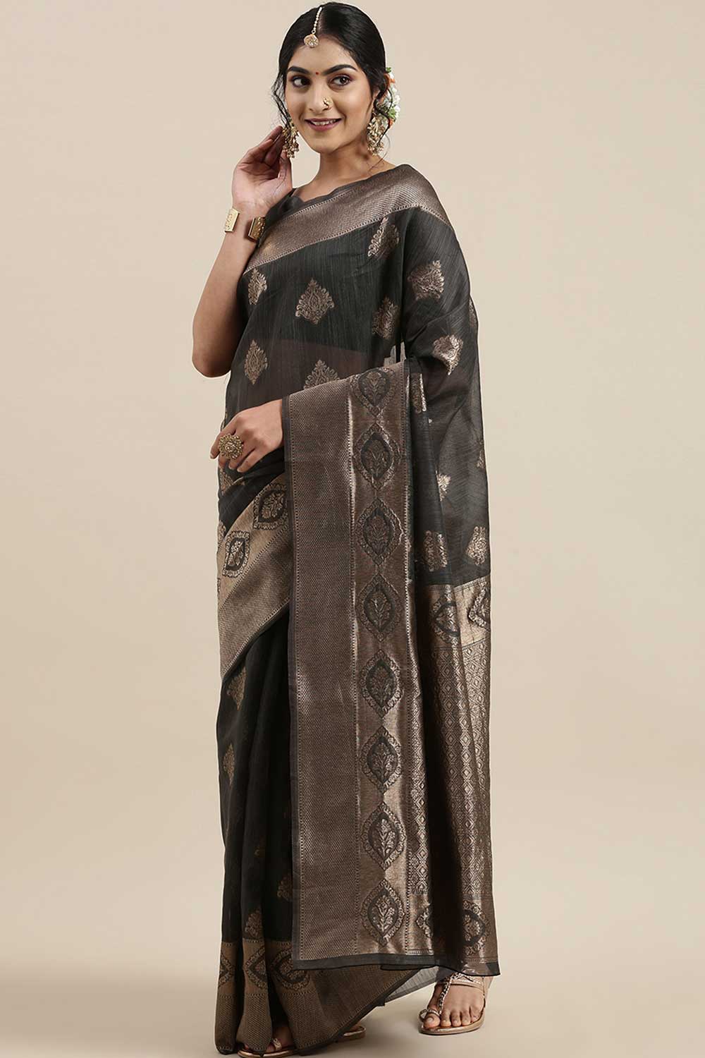 Linen print-floral Woven Saree In Grey