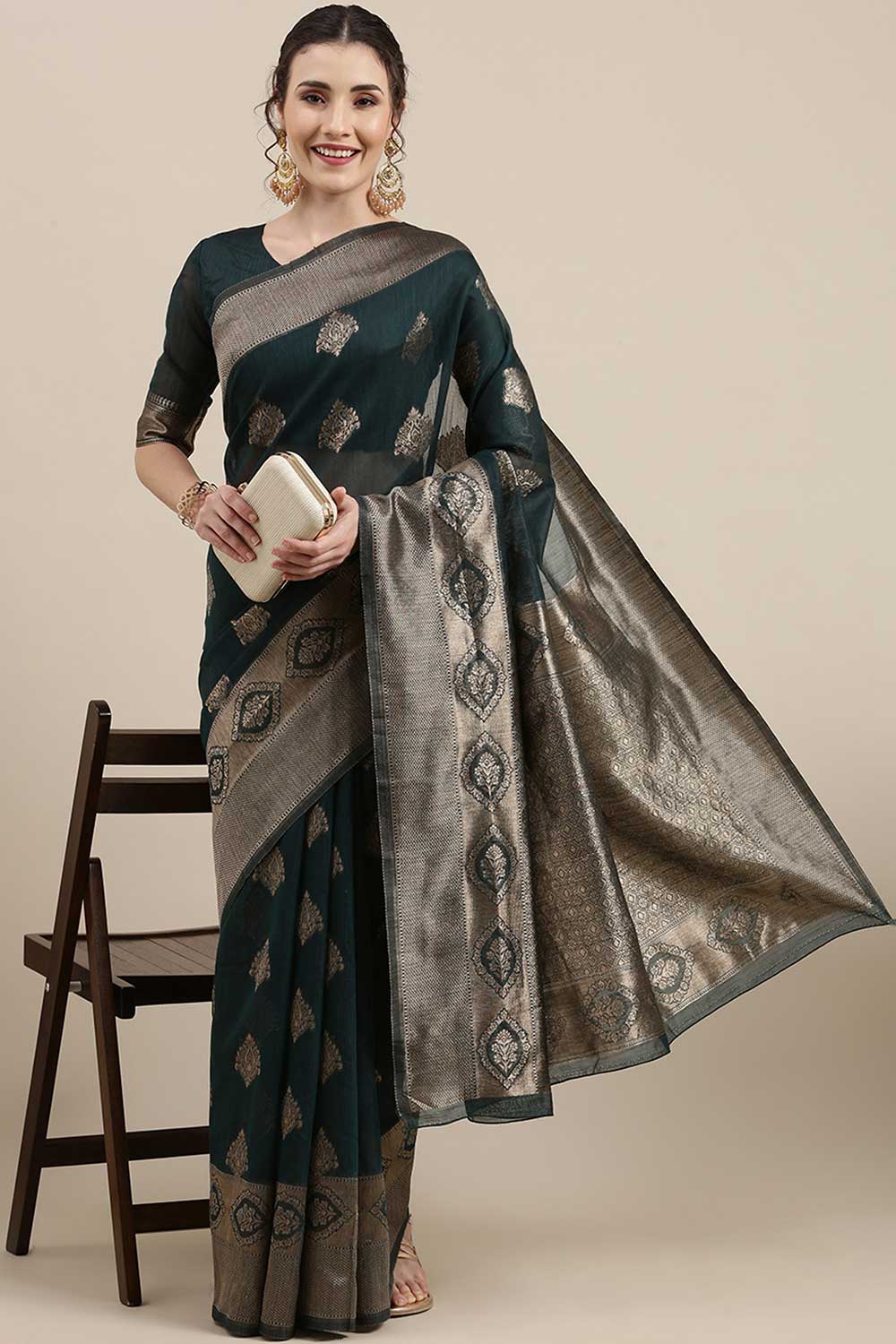 Linen print-floral Woven Saree In Teal Green