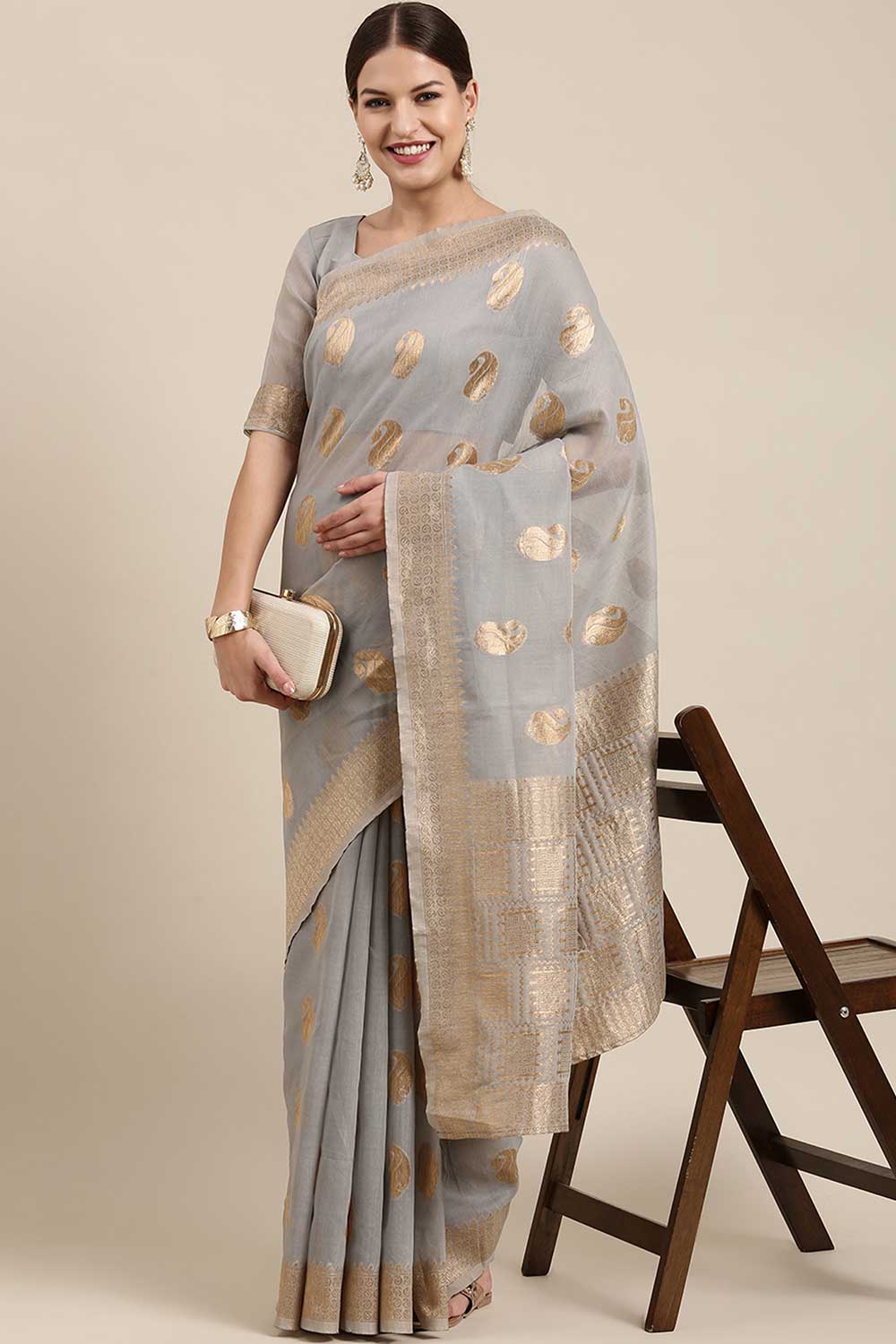 Blended Linen work-bagh Saree In Grey