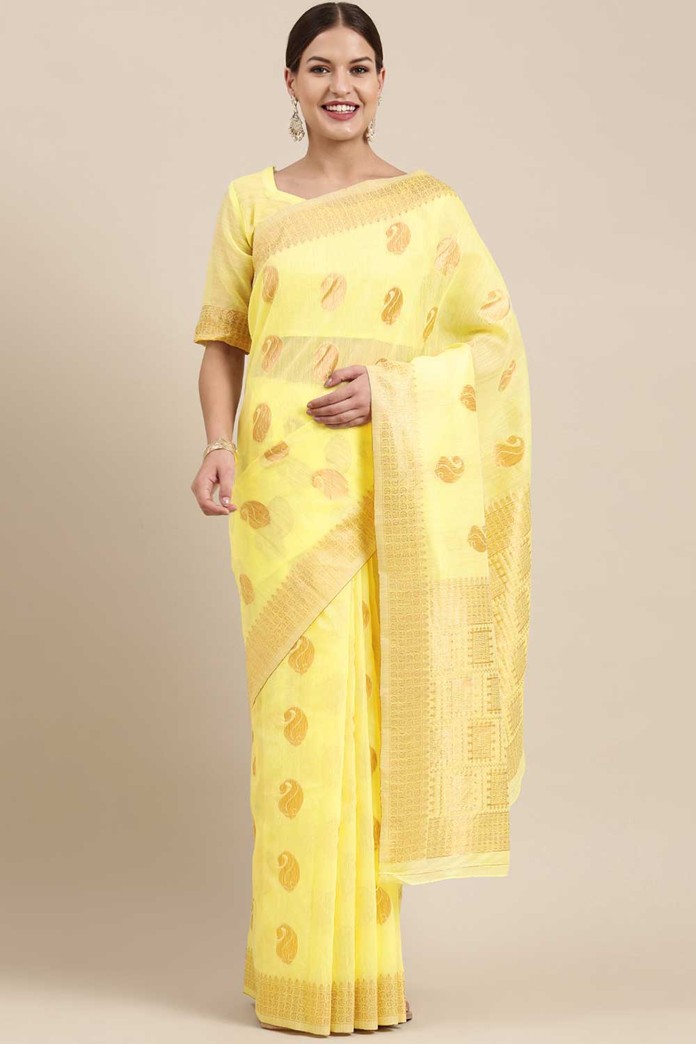 Blended Linen work-bagh Saree In Lemon Yellow