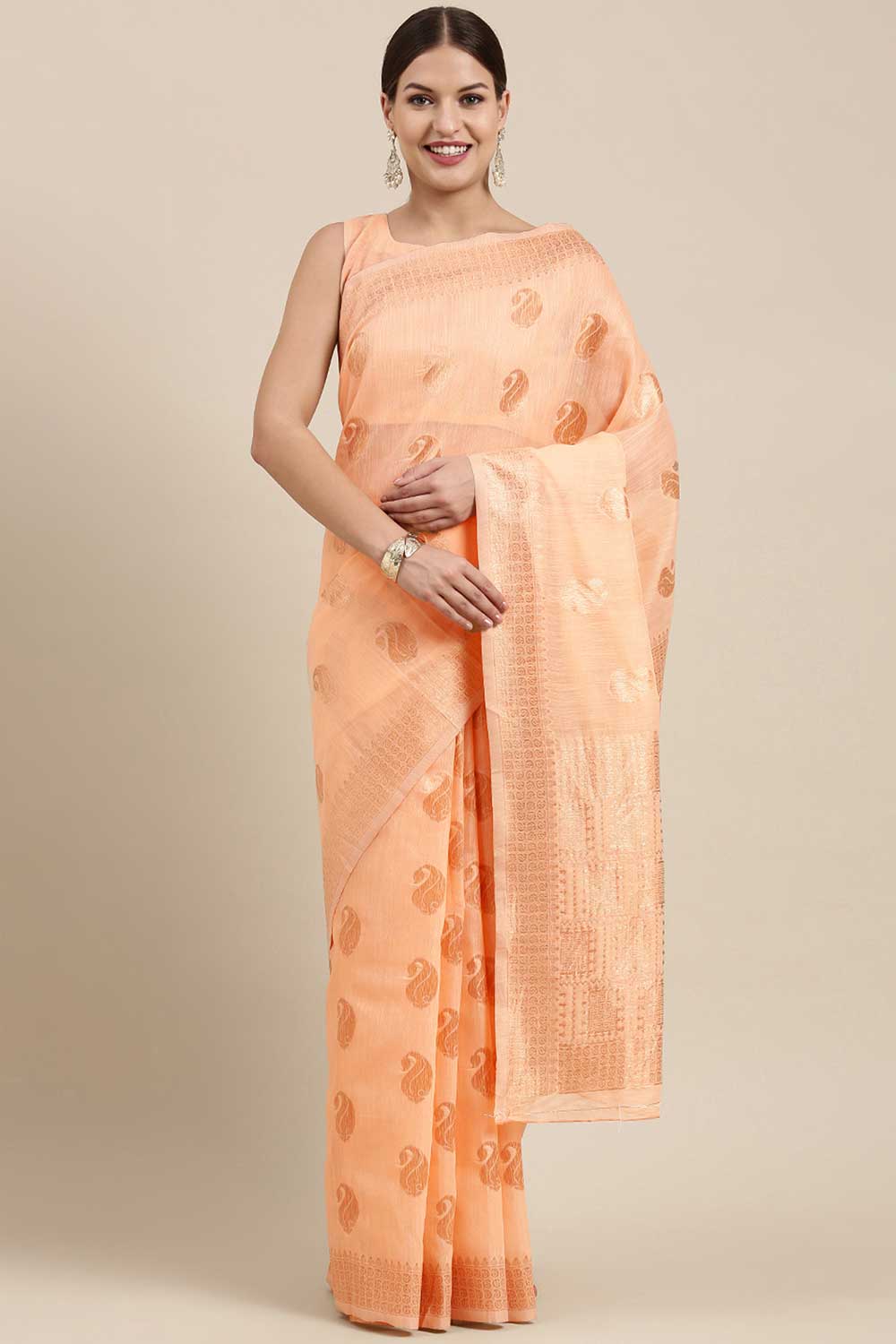 Blended Linen work-bagh Saree In Peach