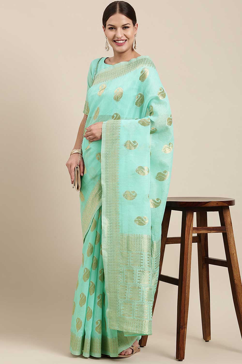 Blended Linen work-bagh Saree In Sea Green