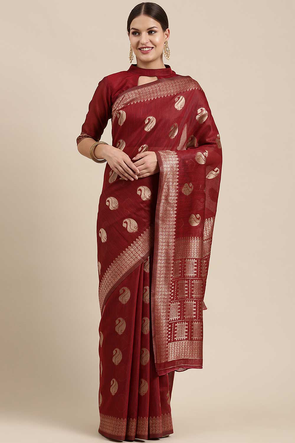 Blended Linen work-bagh Saree In Maroon