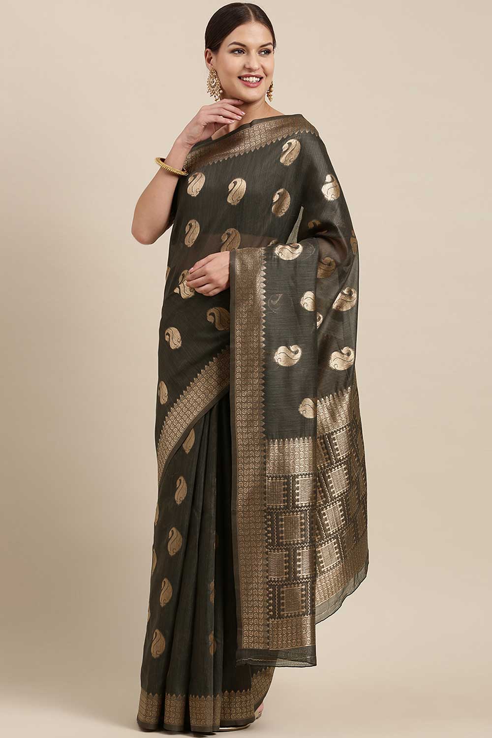 Blended Linen work-bagh Saree In Charcoal Grey