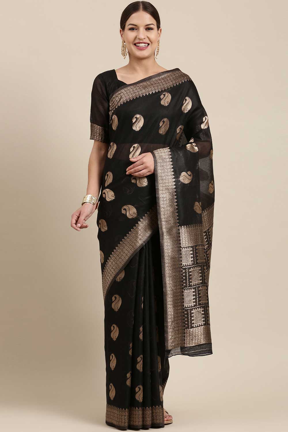 Blended Linen work-bagh Saree In Black