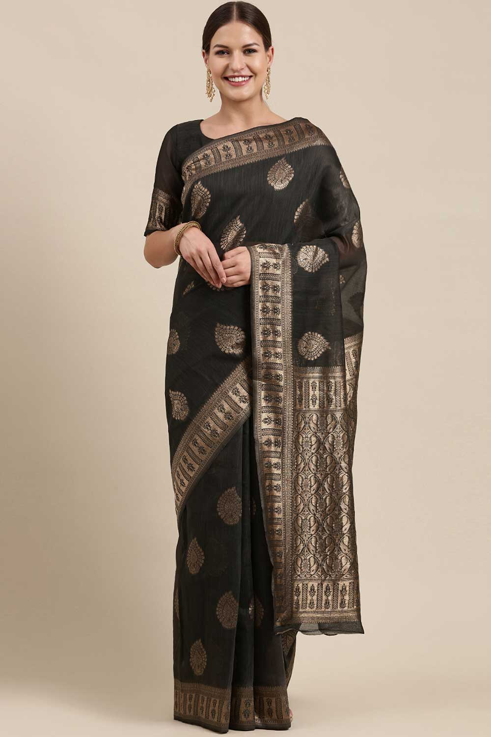 Blended Linen work-bagh Saree In Charcoal Grey