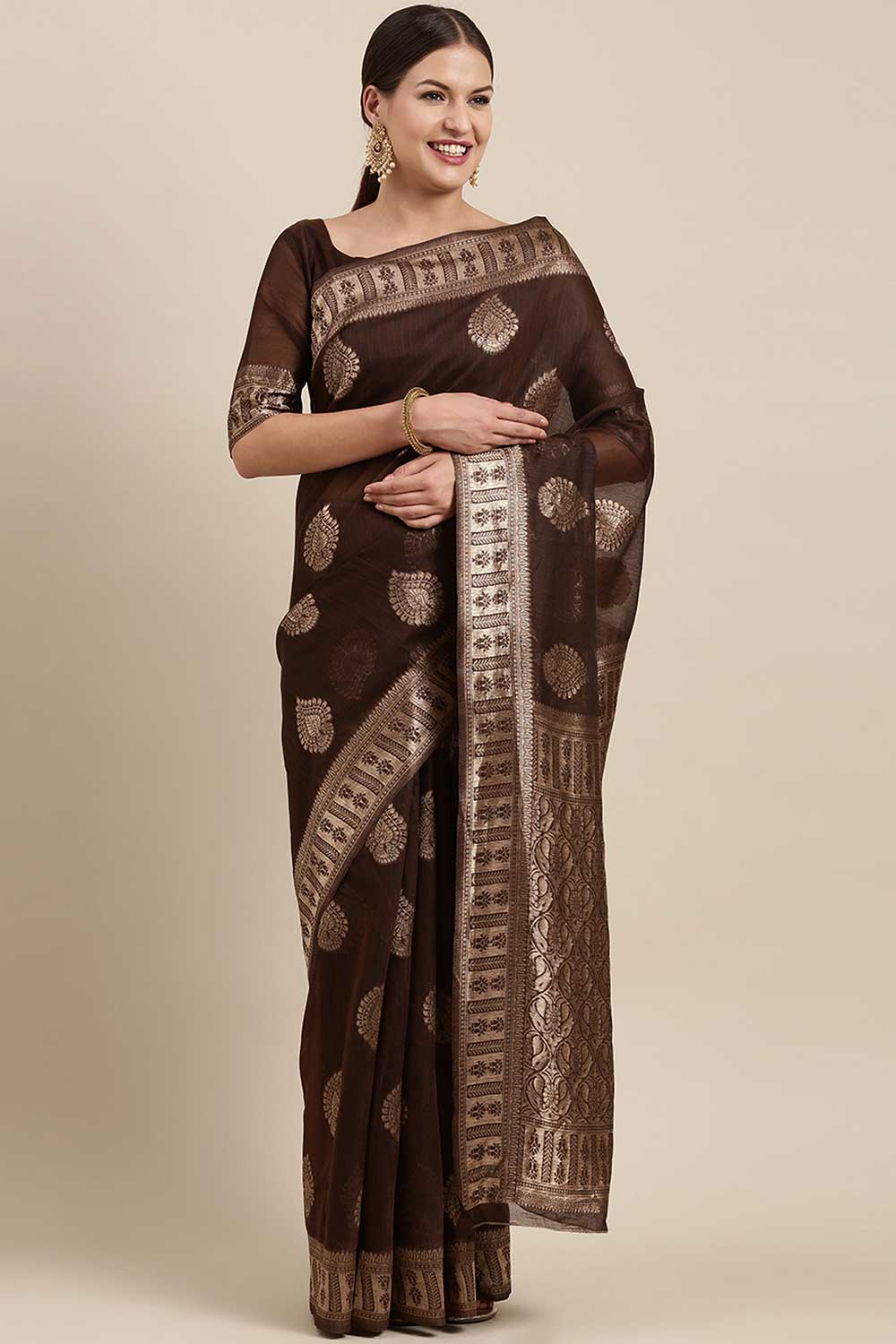 Blended Linen work-bagh Saree In Brown