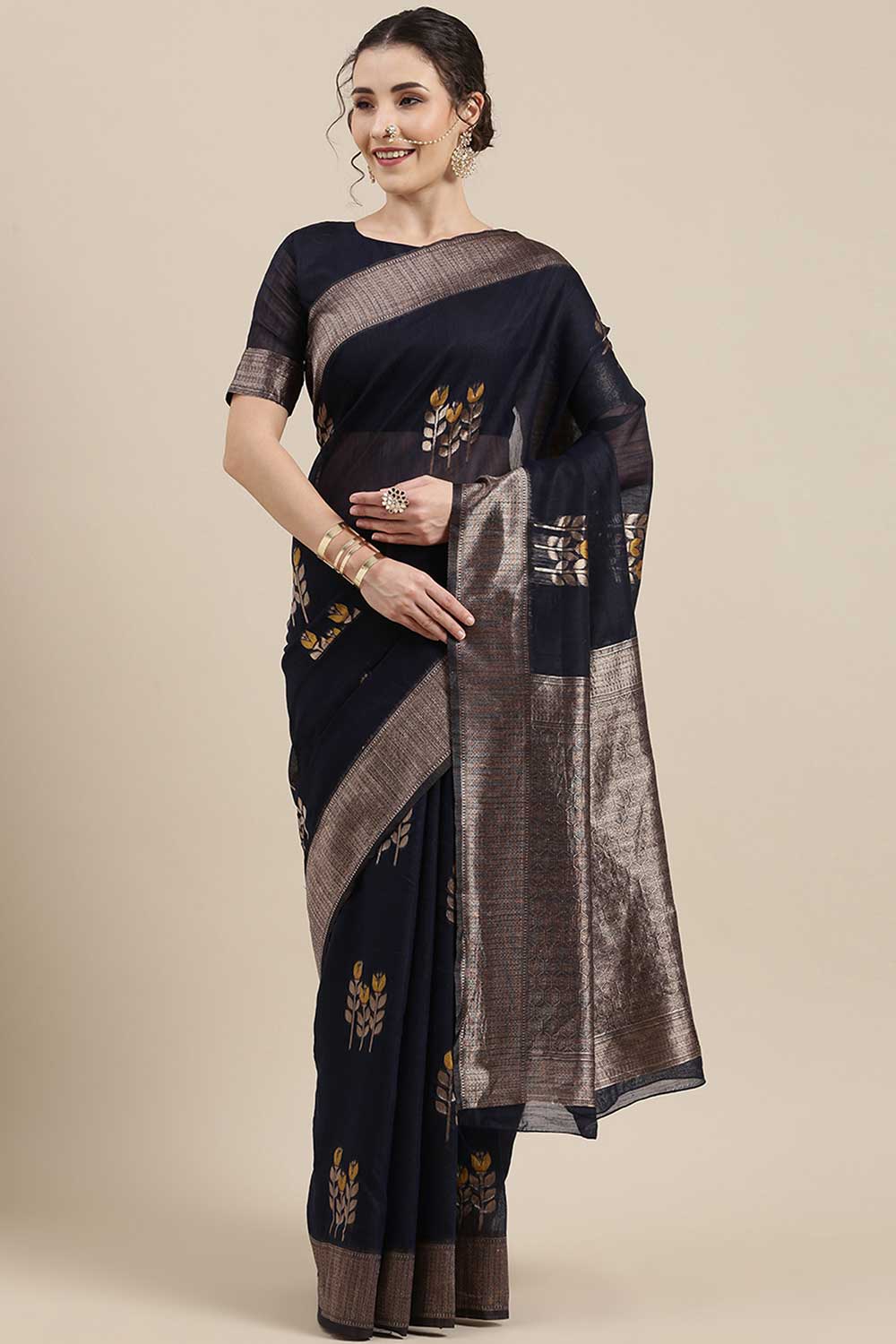 Linen print-floral Woven Saree In Navy Blue