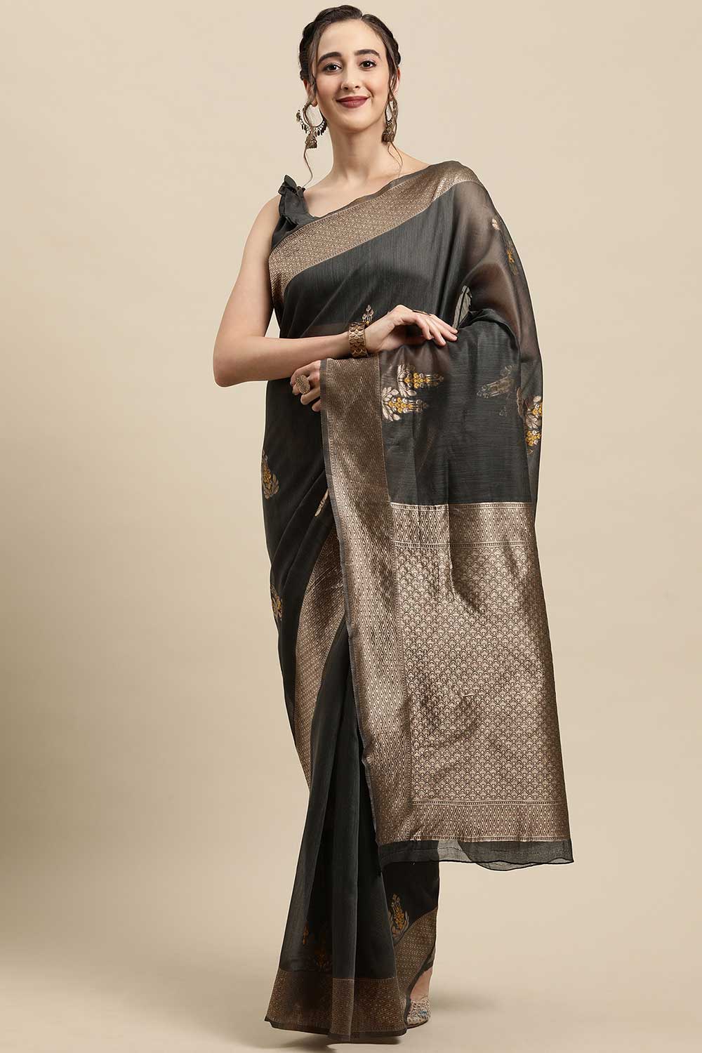 Linen print-floral Woven Saree In Grey