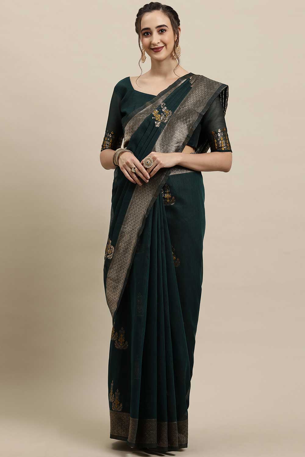 Linen print-floral Woven Saree In Teal Blue