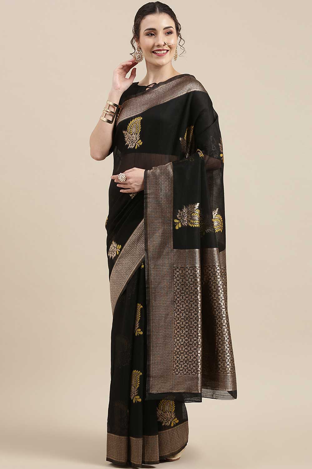 Linen print-floral Woven Saree In Black