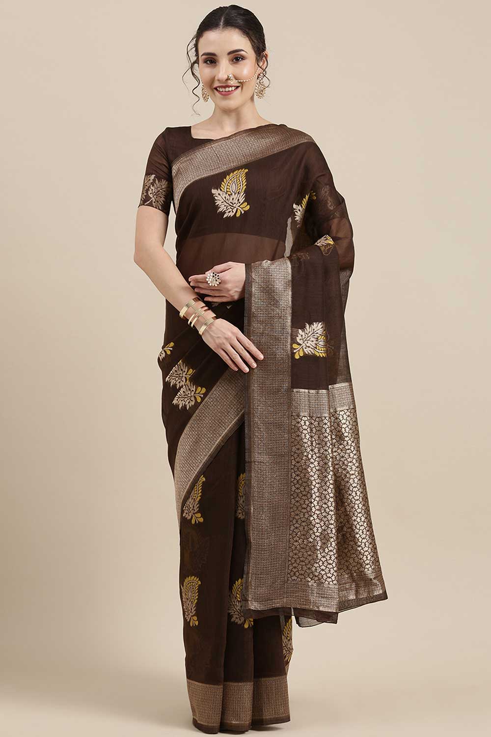 Linen print-floral Woven Saree In Brown