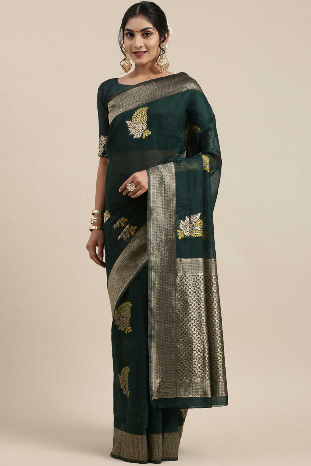 Linen print-floral Woven Saree In Teal Green