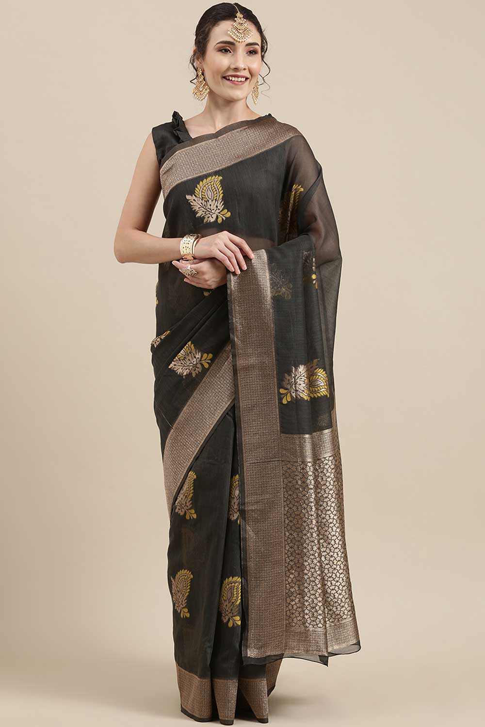 Linen print-floral Woven Saree In Grey