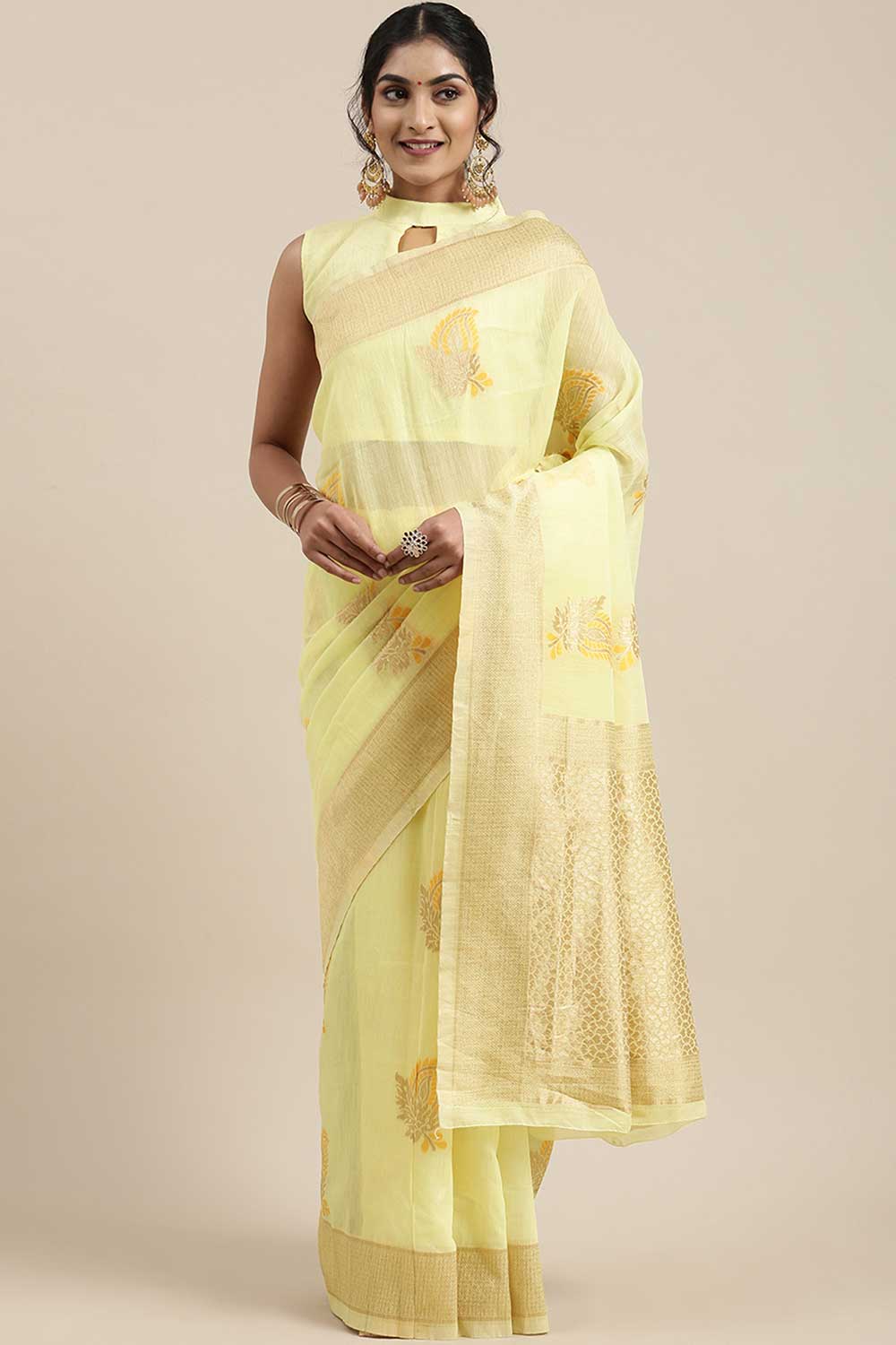 Linen print-floral Woven Saree In Yellow