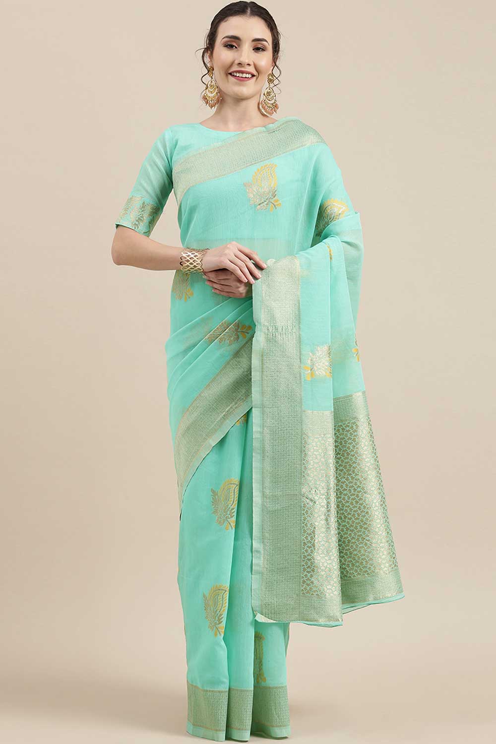 Linen print-floral Woven Saree In Sea Green