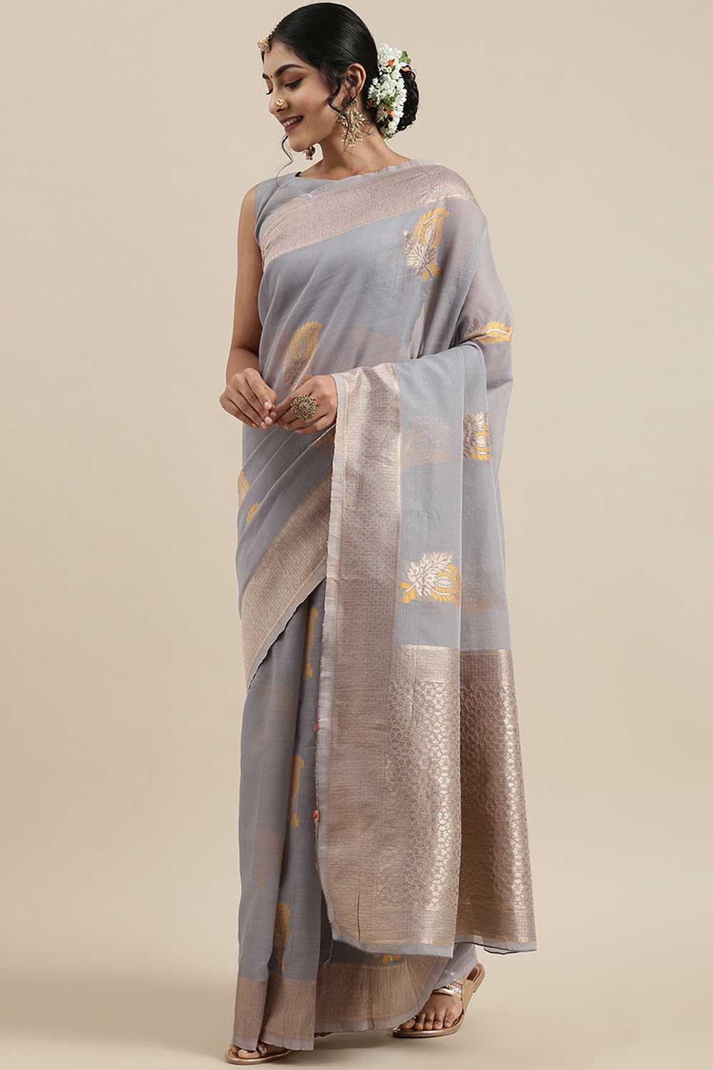 Linen print-floral Woven Saree In Grey